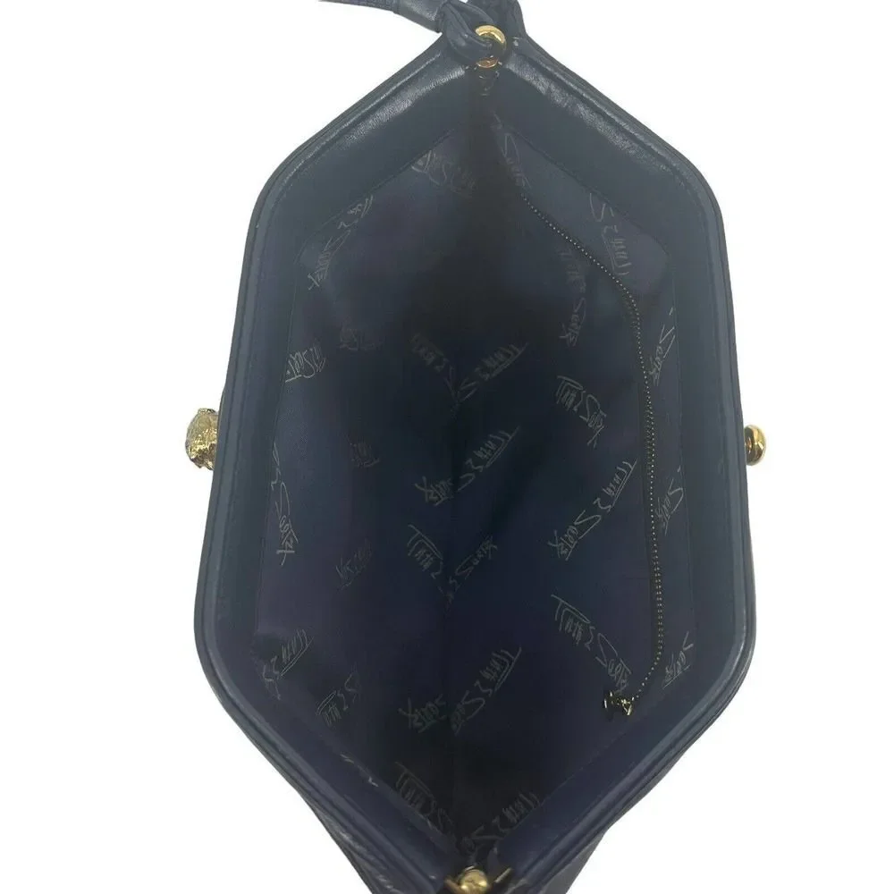 Ruth Saltz Clutch Handbag Vintage Leather Navy Blue Lion Classic Evening Purse